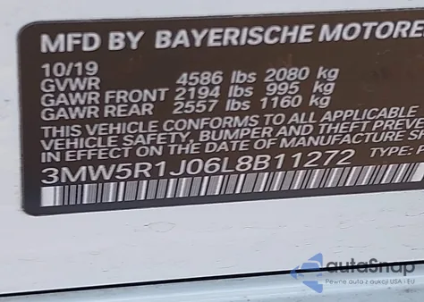 2020 BMW 330I z USA, uszkodzony, nr VIN 3MW5R1J06L8B11272